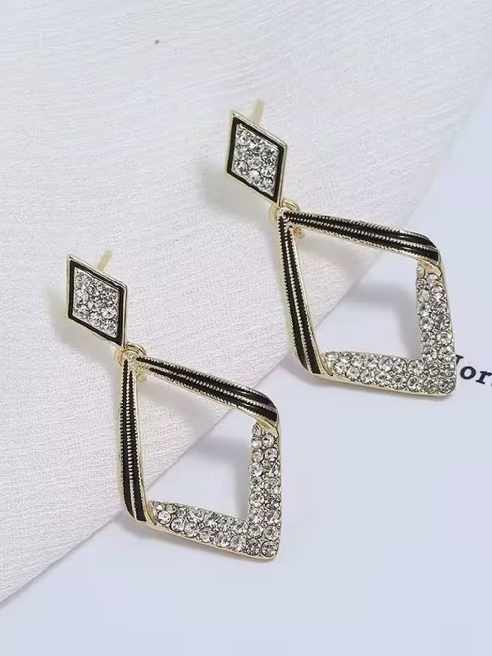 Gold and Black Crystal Geometric Drop Earrings